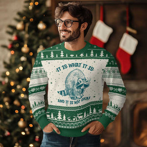 Funny Raccoon Meme It Is What It Is Ugly Christmas Sweater And It Is Not Great Mental Health Support TS02 Beige Green Print Your Wear