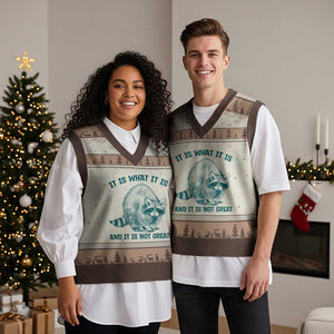 Funny Raccoon Meme It Is What It Is V-Neck Knit Sweater Vest And It Is Not Great Mental Health Support TS02 Mocha Mousse Print Your Wear