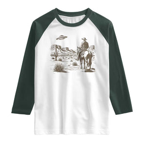 UFO Western Cowboy Raglan Shirt Rodeo Wild West Retro Vintage Graphic TS02 White Dark Forest Green Print Your Wear