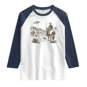 UFO Western Cowboy Raglan Shirt Rodeo Wild West Retro Vintage Graphic TS02 White Navy Print Your Wear