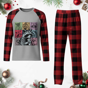 Raccoon Drinking Coffee Graphic Plaid Pajama Set Funny Trash Panda Retro 90s Style TS02 Buffalo Plaid Print Your Wear