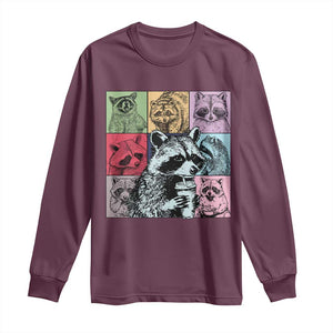 Raccoon Drinking Coffee Graphic Long Sleeve Shirt Funny Trash Panda Retro 90s Style TS02 Maroon Print Your Wear