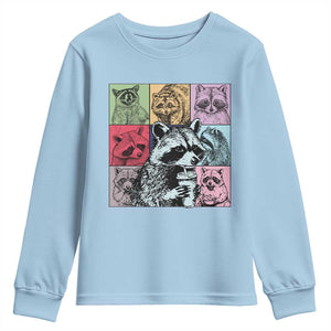 Raccoon Drinking Coffee Graphic Youth Sweatshirt Funny Trash Panda Retro 90s Style TS02 Light Blue Print Your Wear