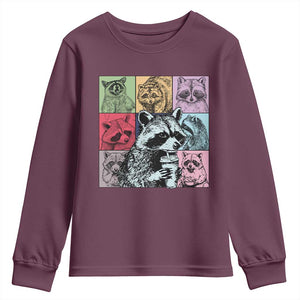 Raccoon Drinking Coffee Graphic Youth Sweatshirt Funny Trash Panda Retro 90s Style TS02 Maroon Print Your Wear