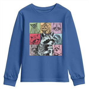 Raccoon Drinking Coffee Graphic Youth Sweatshirt Funny Trash Panda Retro 90s Style TS02 Royal Blue Print Your Wear
