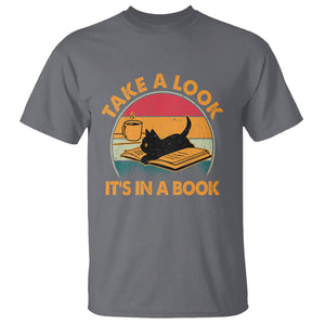 Funny Cat Reading T Shirt Take A Look It's In A Book Vintage Bookworm TS02 Charcoal Printyourwear