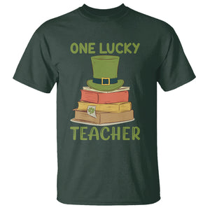 One Lucky Teacher St Patricks Day T Shirt Lepreachaun Hat with Books Reading TS02 Dark Forest Green Printyourwear