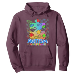 Autism Acceptance Hoodie Retro Groovy Puzzle Piece Spectrum Rainbow Infinity Symbol TS02 Maroon Printyourwear