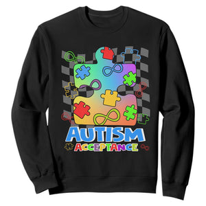 Autism Acceptance Sweatshirt Retro Groovy Puzzle Piece Spectrum Rainbow Infinity Symbol TS02 Black Printyourwear