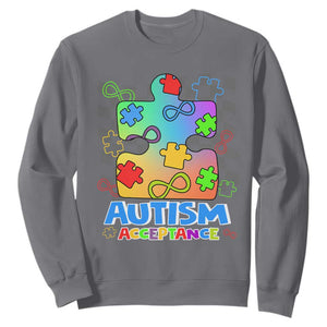 Autism Acceptance Sweatshirt Retro Groovy Puzzle Piece Spectrum Rainbow Infinity Symbol TS02 Charcoal Printyourwear