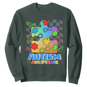 Autism Acceptance Sweatshirt Retro Groovy Puzzle Piece Spectrum Rainbow Infinity Symbol TS02 Dark Forest Green Printyourwear