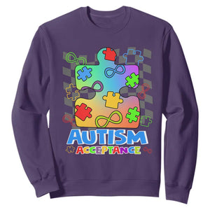 Autism Acceptance Sweatshirt Retro Groovy Puzzle Piece Spectrum Rainbow Infinity Symbol TS02 Purple Printyourwear