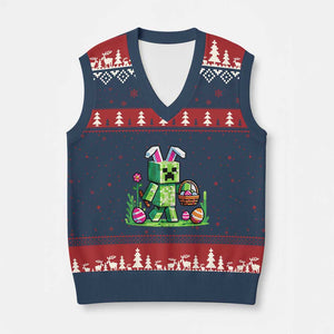 Pixel Easter Bunny Gamer Parody Graphic V-Neck Knit Sweater Vest Funny Block Style Rabbit with Eggs Basket Gaming Humor Gift TS02 Navy Red Print Your Wear