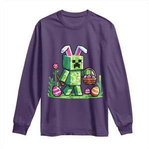 Pixel Easter Bunny Gamer Parody Graphic Long Sleeve Shirt Funny Block Style Rabbit with Eggs Basket Gaming Humor Gift TS02 Purple Print Your Wear
