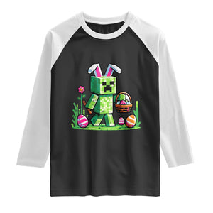 Pixel Easter Bunny Gamer Parody Graphic Raglan Shirt Funny Block Style Rabbit with Eggs Basket Gaming Humor Gift TS02 Black White Print Your Wear
