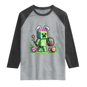 Pixel Easter Bunny Gamer Parody Graphic Raglan Shirt Funny Block Style Rabbit with Eggs Basket Gaming Humor Gift TS02 Heather Gray Heather Charcoal Print Your Wear