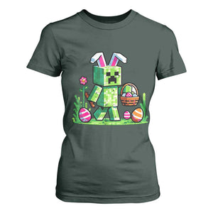 Pixel Easter Bunny Gamer Parody Graphic T Shirt For Women Funny Block Style Rabbit with Eggs Basket Gaming Humor Gift TS02 Dark Forest Green Print Your Wear