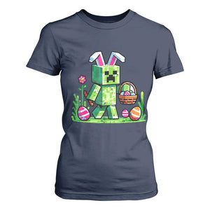 Pixel Easter Bunny Gamer Parody Graphic T Shirt For Women Funny Block Style Rabbit with Eggs Basket Gaming Humor Gift TS02 Navy Print Your Wear