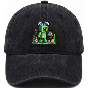 Pixel Easter Bunny Gamer Parody Graphic Washed Cotton Baseball Cap Funny Block Style Rabbit with Eggs Basket Gaming Humor Gift TS02 Print Your Wear