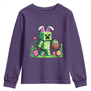 Pixel Easter Bunny Gamer Parody Graphic Youth Sweatshirt Funny Block Style Rabbit with Eggs Basket Gaming Humor Gift TS02 Purple Print Your Wear
