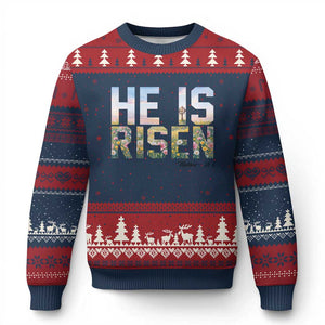He Is Risen Matthew 28:6 Floral Christian Easter Ugly Christmas Sweater Spring Flowers Cross Landscape Faith Inspirational Gift TS02 Navy Red Print Your Wear