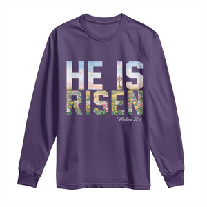 He Is Risen Matthew 28:6 Floral Christian Easter Long Sleeve Shirt Spring Flowers Cross Landscape Faith Inspirational Gift TS02 Purple Print Your Wear