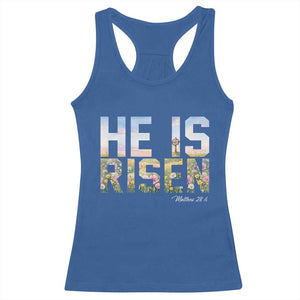 He Is Risen Matthew 28:6 Floral Christian Easter Racerback Tank Top Spring Flowers Cross Landscape Faith Inspirational Gift TS02 Royal Blue Print Your Wear