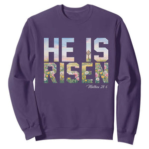 He Is Risen Matthew 28:6 Floral Christian Easter Sweatshirt Spring Flowers Cross Landscape Faith Inspirational Gift TS02 Purple Print Your Wear