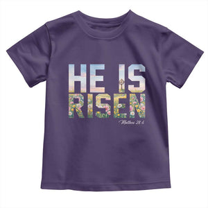 He Is Risen Matthew 28:6 Floral Christian Easter Toddler T Shirt Spring Flowers Cross Landscape Faith Inspirational Gift TS02 Purple Print Your Wear