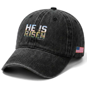 He Is Risen Matthew 28:6 Floral Christian Easter Washed Cotton Baseball Cap Spring Flowers Cross Landscape Faith Inspirational Gift TS02 Print Your Wear