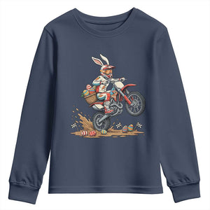 Easter Bunny Dirt Bike Rider Funny Motocross Rabbit Graphic Youth Sweatshirt Cool Off Road Racing Egg Hunt TS02 Navy Print Your Wear