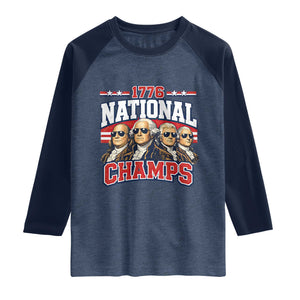 1776 National Champs Founding Fathers Graphic Raglan Shirt Funny George Washington and Presidents Sunglasses Sports Style Patriotic TS02 Heather Denim Navy Print Your Wear
