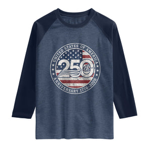 United States of America 250th Anniversary Vintage Seal Raglan Shirt Distressed American Flag 1776 to 2026 Semiquincentennial Patriotic TS02 Heather Denim Navy Print Your Wear
