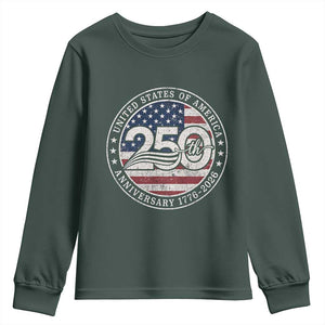 United States of America 250th Anniversary Vintage Seal Youth Sweatshirt Distressed American Flag 1776 to 2026 Semiquincentennial Patriotic TS02 Dark Forest Green Print Your Wear