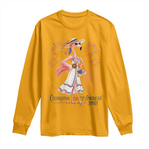 Celebrating 250 Years of American Spirit Flamingo Long Sleeve Shirt Cute Patriotic Tropical Bird Summer Landmarks Fireworks TS02 Gold Print Your Wear