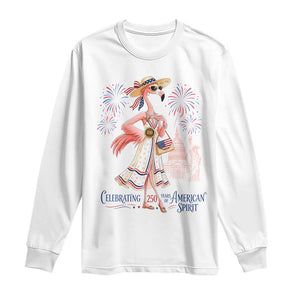 Celebrating 250 Years of American Spirit Flamingo Long Sleeve Shirt Cute Patriotic Tropical Bird Summer Landmarks Fireworks TS02 White Print Your Wear