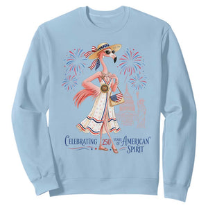 Celebrating 250 Years of American Spirit Flamingo Sweatshirt Cute Patriotic Tropical Bird Summer Landmarks Fireworks TS02 Light Blue Print Your Wear