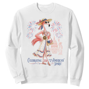 Celebrating 250 Years of American Spirit Flamingo Sweatshirt Cute Patriotic Tropical Bird Summer Landmarks Fireworks TS02 White Print Your Wear