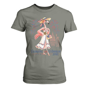 Celebrating 250 Years of American Spirit Flamingo T Shirt For Women Cute Patriotic Tropical Bird Summer Landmarks Fireworks TS02 Military Green Print Your Wear