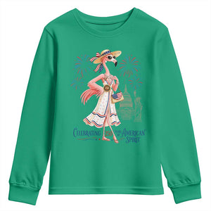 Celebrating 250 Years of American Spirit Flamingo Youth Sweatshirt Cute Patriotic Tropical Bird Summer Landmarks Fireworks TS02 Irish Green Print Your Wear