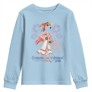 Celebrating 250 Years of American Spirit Flamingo Youth Sweatshirt Cute Patriotic Tropical Bird Summer Landmarks Fireworks TS02 Light Blue Print Your Wear