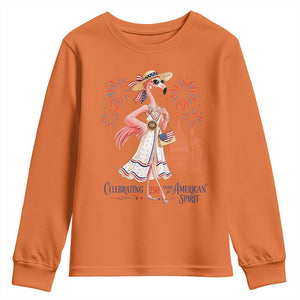 Celebrating 250 Years of American Spirit Flamingo Youth Sweatshirt Cute Patriotic Tropical Bird Summer Landmarks Fireworks TS02 Orange Print Your Wear