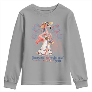 Celebrating 250 Years of American Spirit Flamingo Youth Sweatshirt Cute Patriotic Tropical Bird Summer Landmarks Fireworks TS02 Sport Gray Print Your Wear