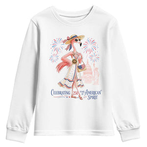 Celebrating 250 Years of American Spirit Flamingo Youth Sweatshirt Cute Patriotic Tropical Bird Summer Landmarks Fireworks TS02 White Print Your Wear