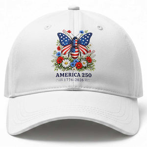 America 250 Patriotic Butterfly Floral Graphic Baseball Cap American Flag Wings Watercolor Wildflowers 1776 to 2026 Semiquincentennial TS02 Print Your Wear
