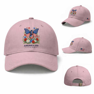 America 250 Patriotic Butterfly Floral Graphic Baseball Cap American Flag Wings Watercolor Wildflowers 1776 to 2026 Semiquincentennial TS02 Baseball Cap Universal Fit Light Pink Print Your Wear