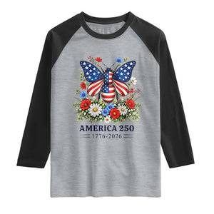 America 250 Patriotic Butterfly Floral Graphic Raglan Shirt American Flag Wings Watercolor Wildflowers 1776 to 2026 Semiquincentennial TS02 Heather Gray Black Print Your Wear