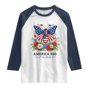 America 250 Patriotic Butterfly Floral Graphic Raglan Shirt American Flag Wings Watercolor Wildflowers 1776 to 2026 Semiquincentennial TS02 White Navy Print Your Wear