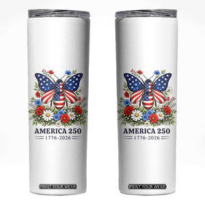 America 250 Patriotic Butterfly Floral Graphic Skinny Tumbler American Flag Wings Watercolor Wildflowers 1776 to 2026 Semiquincentennial TS02 White Print Your Wear