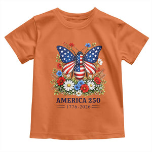 America 250 Patriotic Butterfly Floral Graphic Toddler T Shirt American Flag Wings Watercolor Wildflowers 1776 to 2026 Semiquincentennial TS02 Orange Print Your Wear